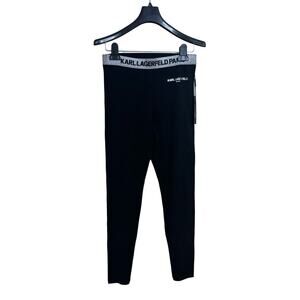 NWT Karl Lagerfeld Paris Logo Black Silver Pullon Workout Tight Leggings Size XS